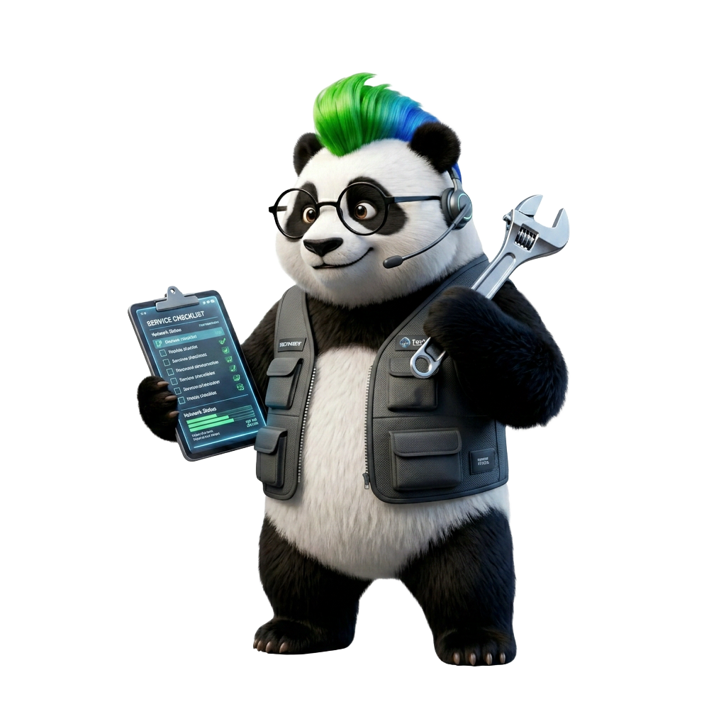 CloudPandas Maskottchen mit Headset und Service-Checkliste