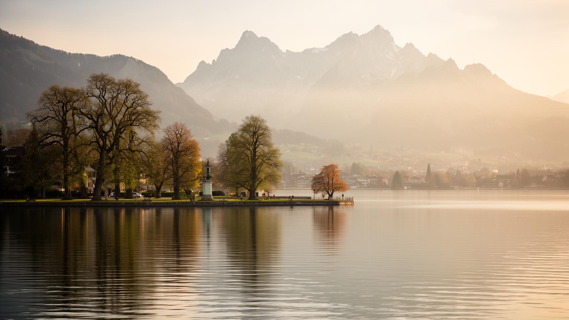 Zugersee aus Sicht von Cham, Schweiz — mit Blick auf die Alpen